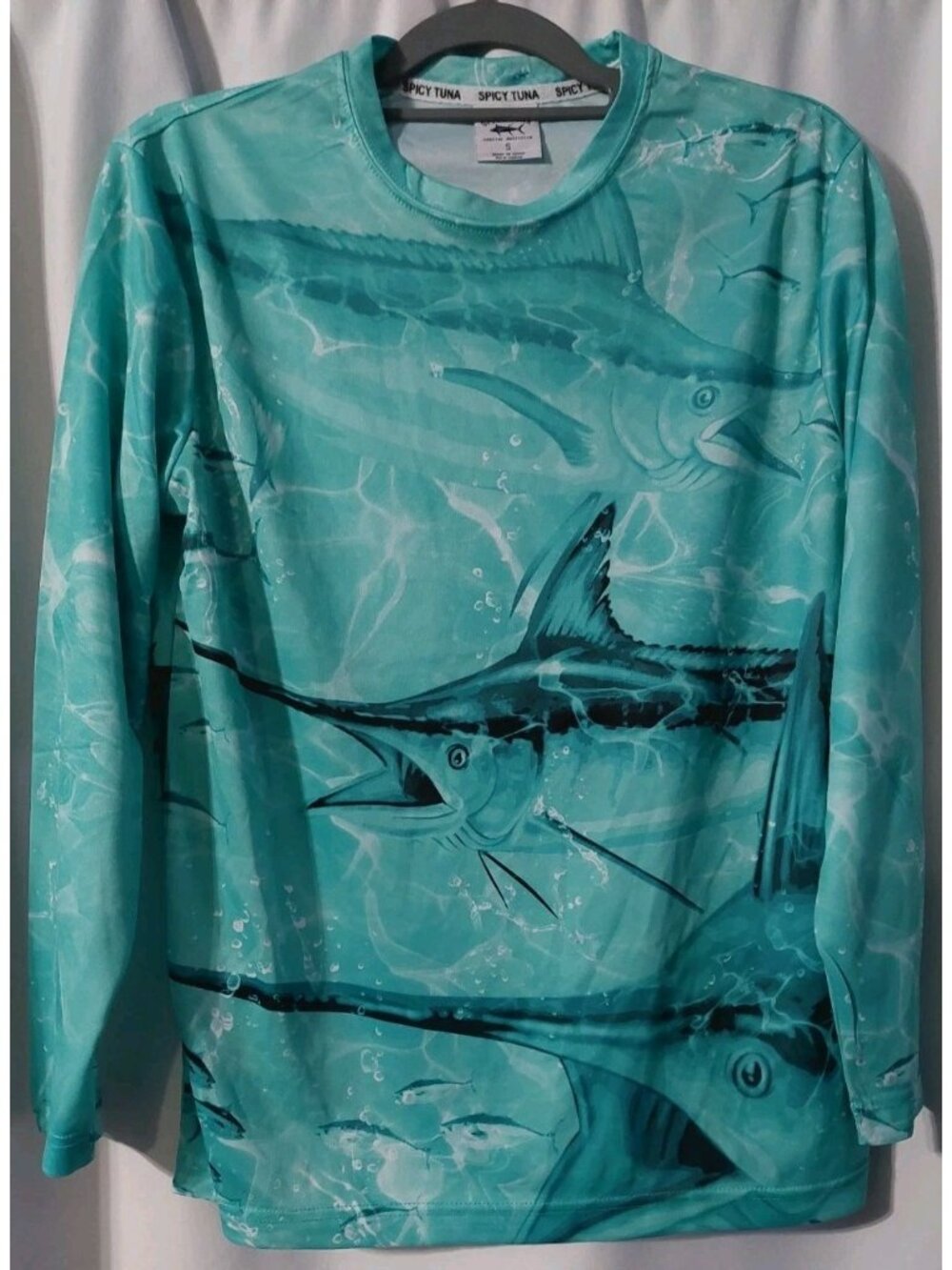Spicy Tuns Mens Fishing Shirt Size Small Blue Long Sleeve Swordfish Graphic Prin